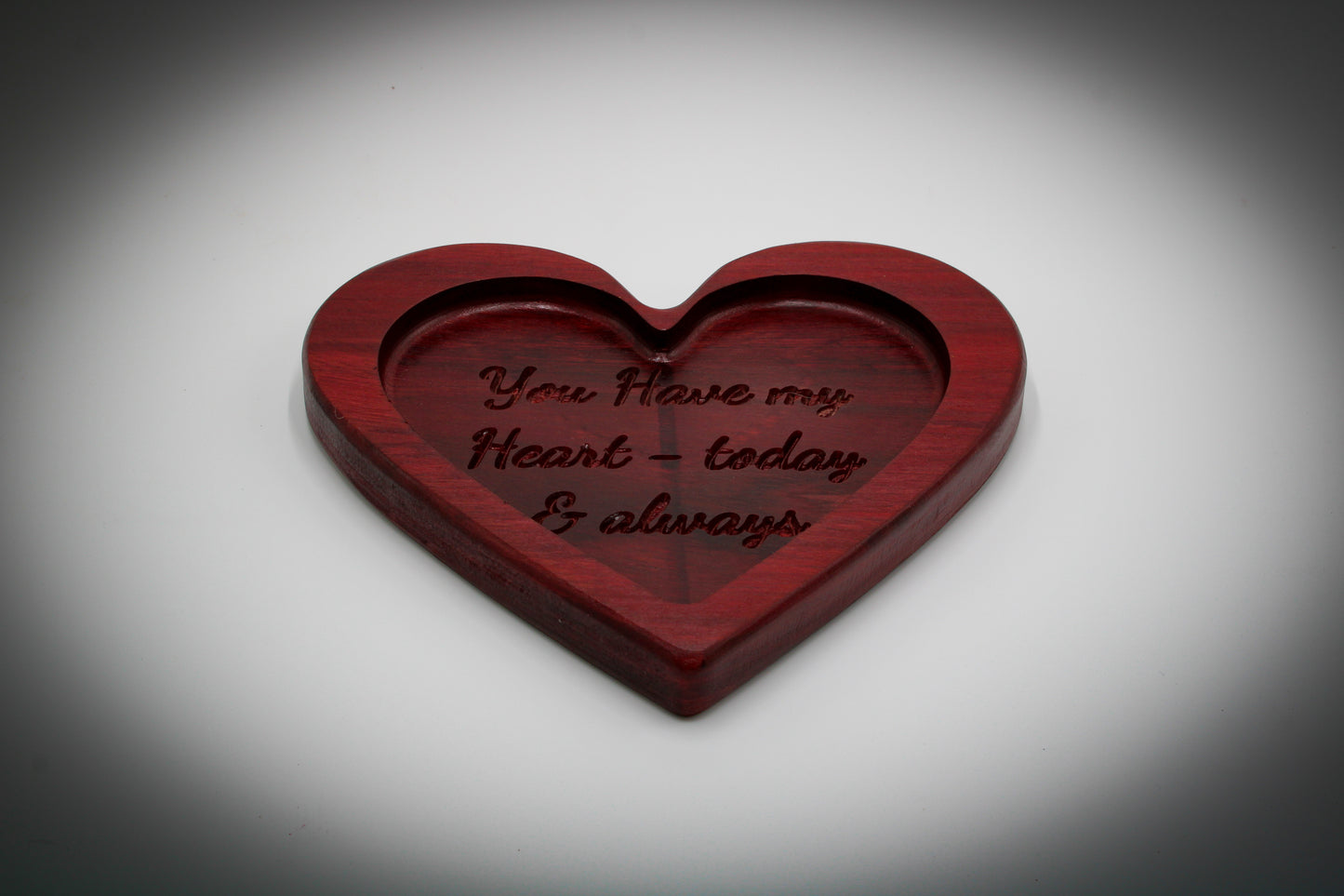 Heart-Shaped Purpleheart Catchall Tray – “You Have My Heart, Today & Always”