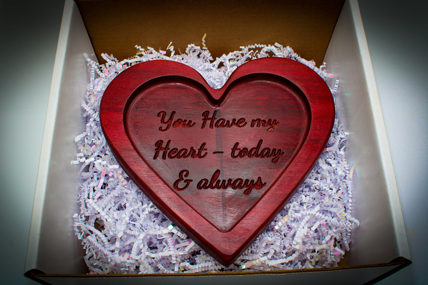 Heart-Shaped Purpleheart Catchall Tray – “You Have My Heart, Today & Always”